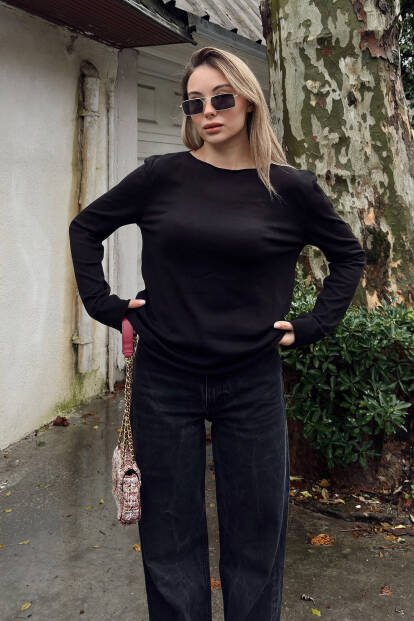 Siyah Kayık Yaka Basic Kadın Korsman Triko Bluz - 2