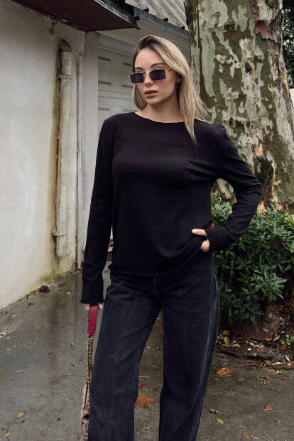 Siyah Kayık Yaka Basic Kadın Korsman Triko Bluz - 3