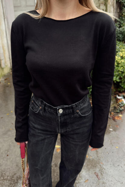 Siyah Kayık Yaka Basic Kadın Korsman Triko Bluz - 4