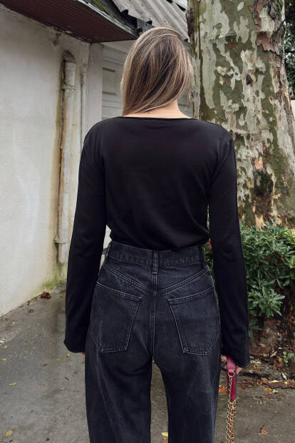 Siyah Kayık Yaka Basic Kadın Korsman Triko Bluz - 5