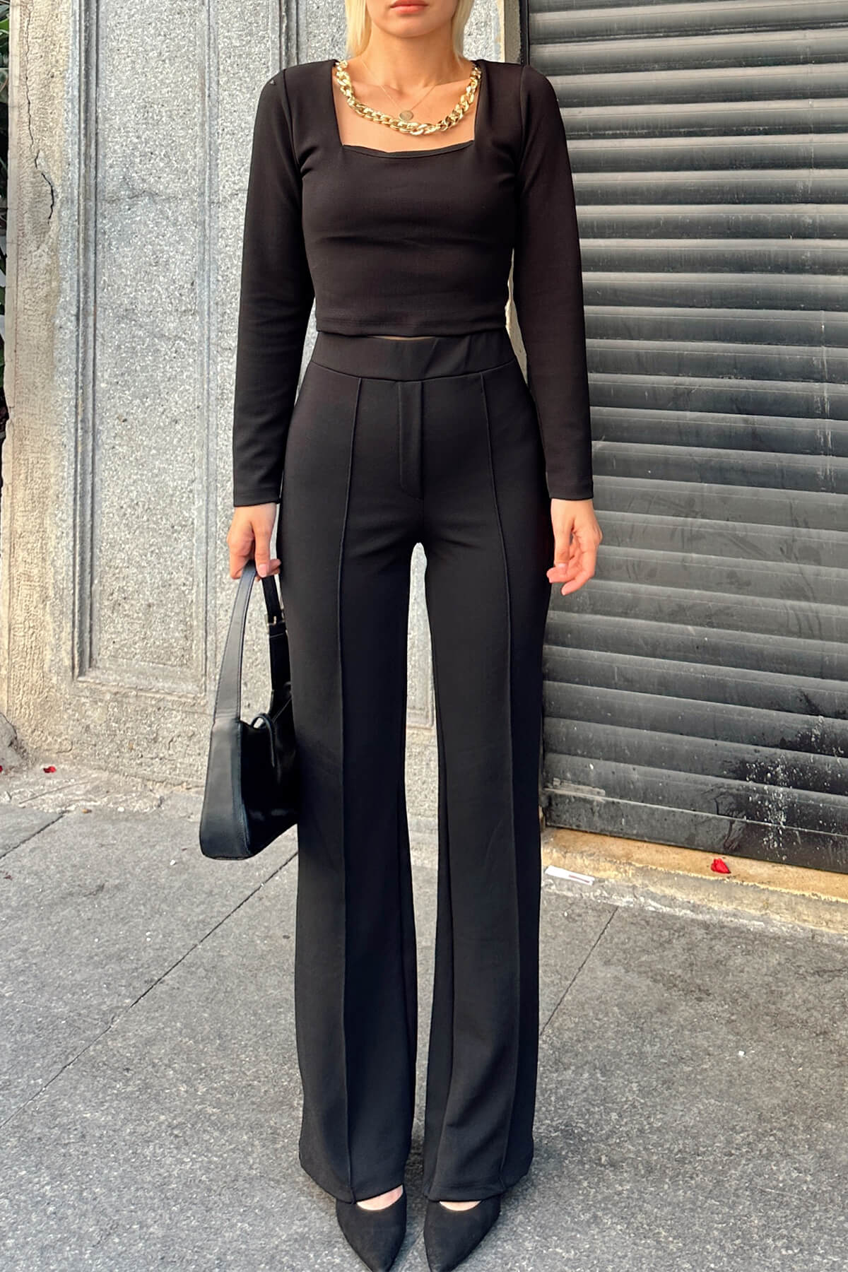 Siyah Kolye Detay Kare Yaka Crop-Pantolon Kadın Alt-Üst Takım - 4