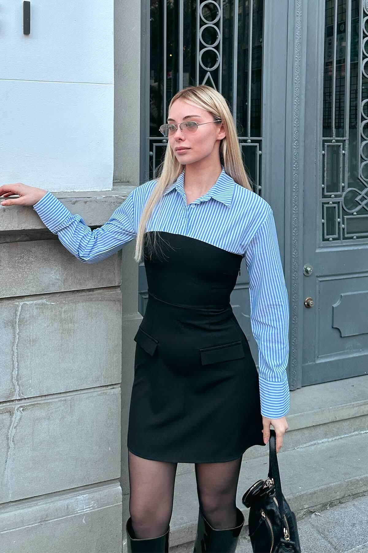 Siyah Mavi Gömlekli Garnili Kadın Mini Elbise - 2