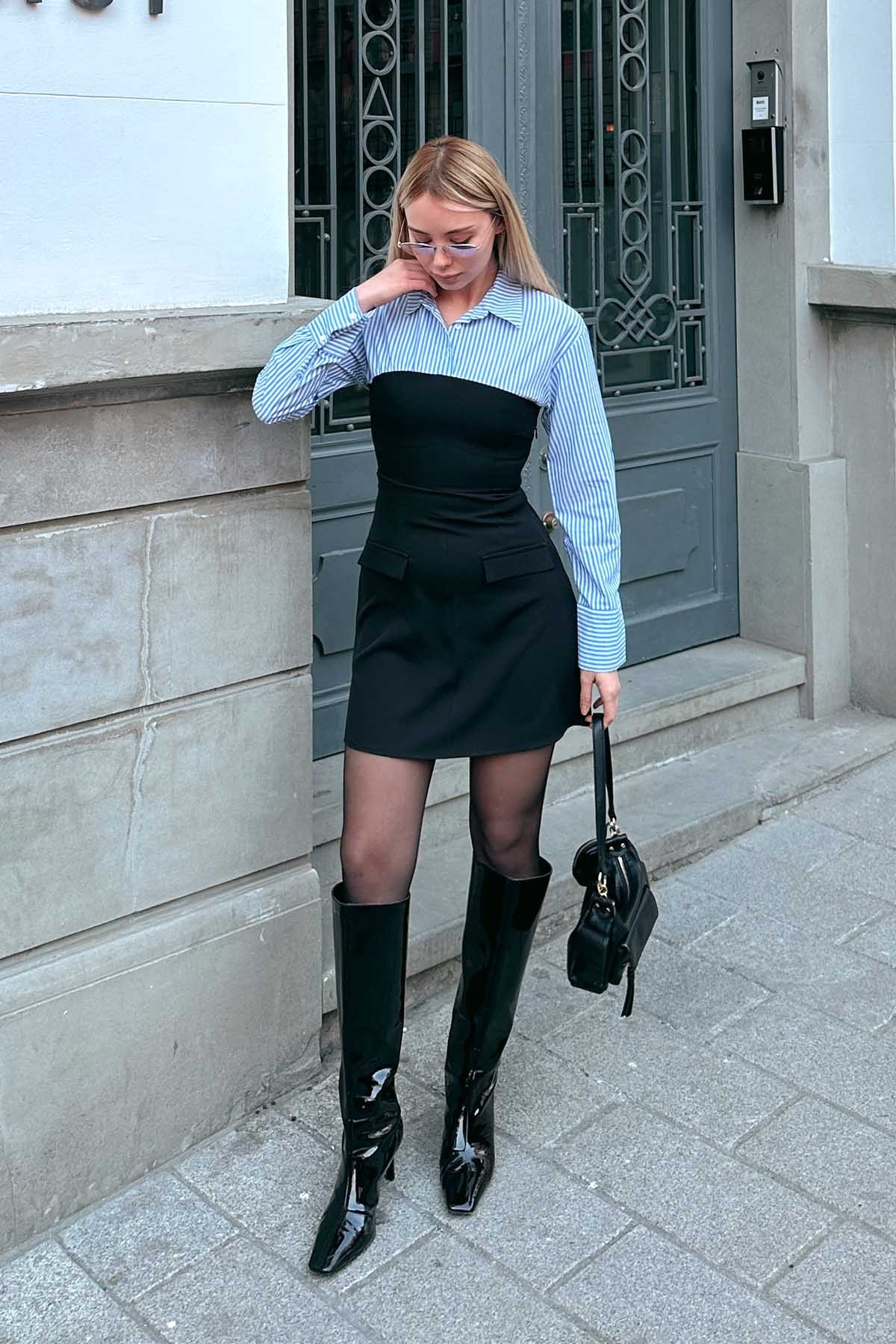 Siyah Mavi Gömlekli Garnili Kadın Mini Elbise - 3