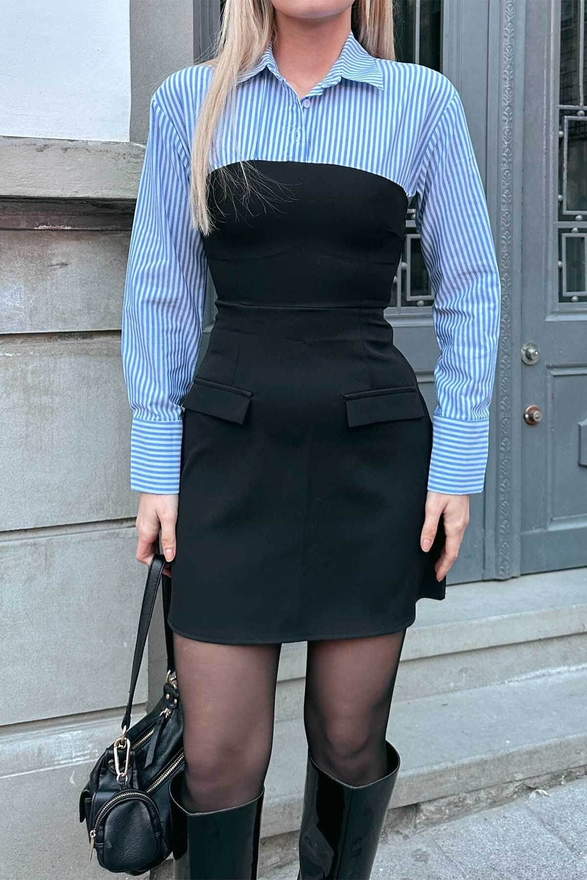 Siyah Mavi Gömlekli Garnili Kadın Mini Elbise - 4