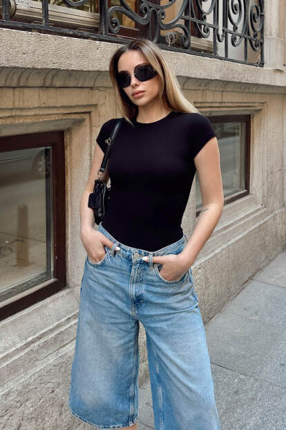 Siyah Modal Kısa Kol Basic Bisiklet Yaka Kadın Body Bluz - 2
