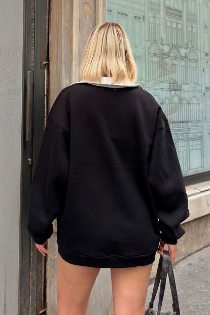 Siyah Monano Polo Yaka Nakışlı İçi Pamuklu Kadın Sweatshirt - 5