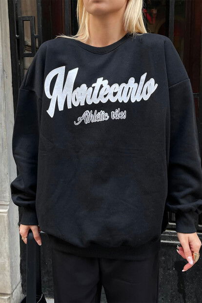 Siyah Montecarlo Baskılı İçi Pamuklu Kadın Sweatshirt - 4