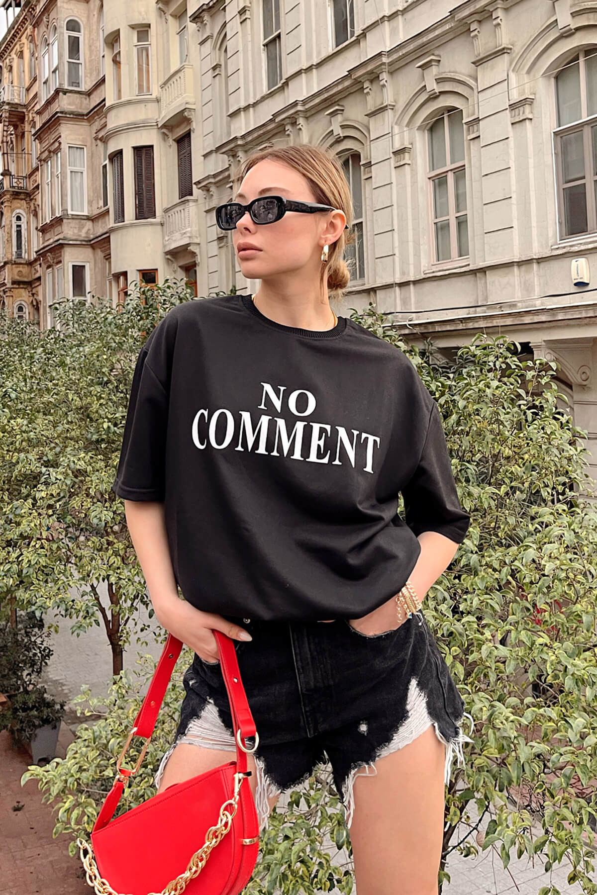 Siyah No Comment Baskılı Oversize Kadın Tshirt - 4