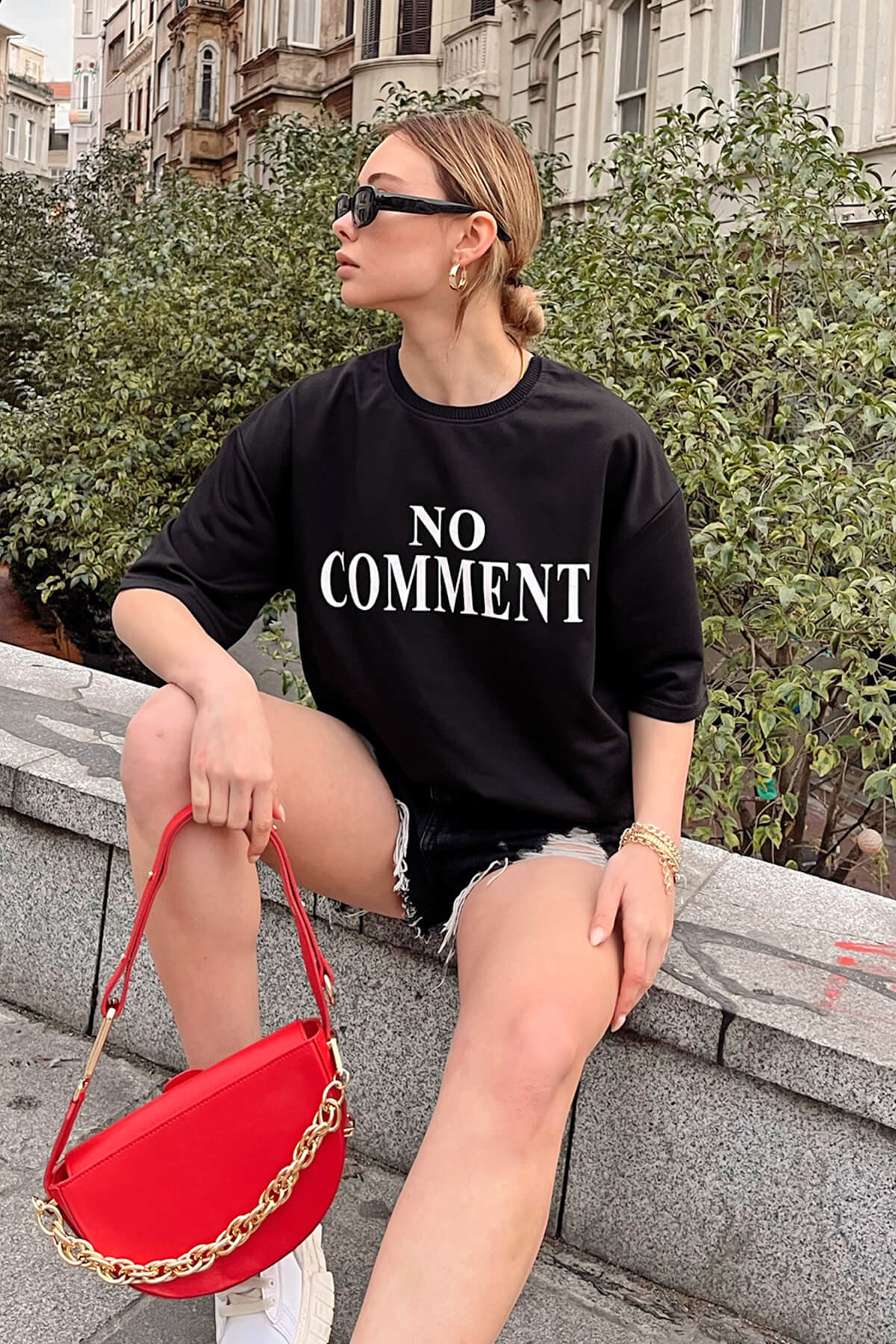 Siyah No Comment Baskılı Oversize Kadın Tshirt - 5