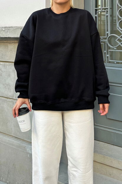 Siyah Oversize Basic Bisiklet Yaka İçi Polarlı Kadın Sweatshirt - 4