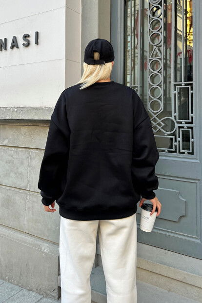 Siyah Oversize Basic Bisiklet Yaka İçi Polarlı Kadın Sweatshirt - 5