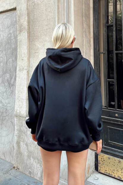 Siyah Oversize Kapüşonlu Kanguru Cepli İçi Polarlı Kadın Sweatshirt - 5