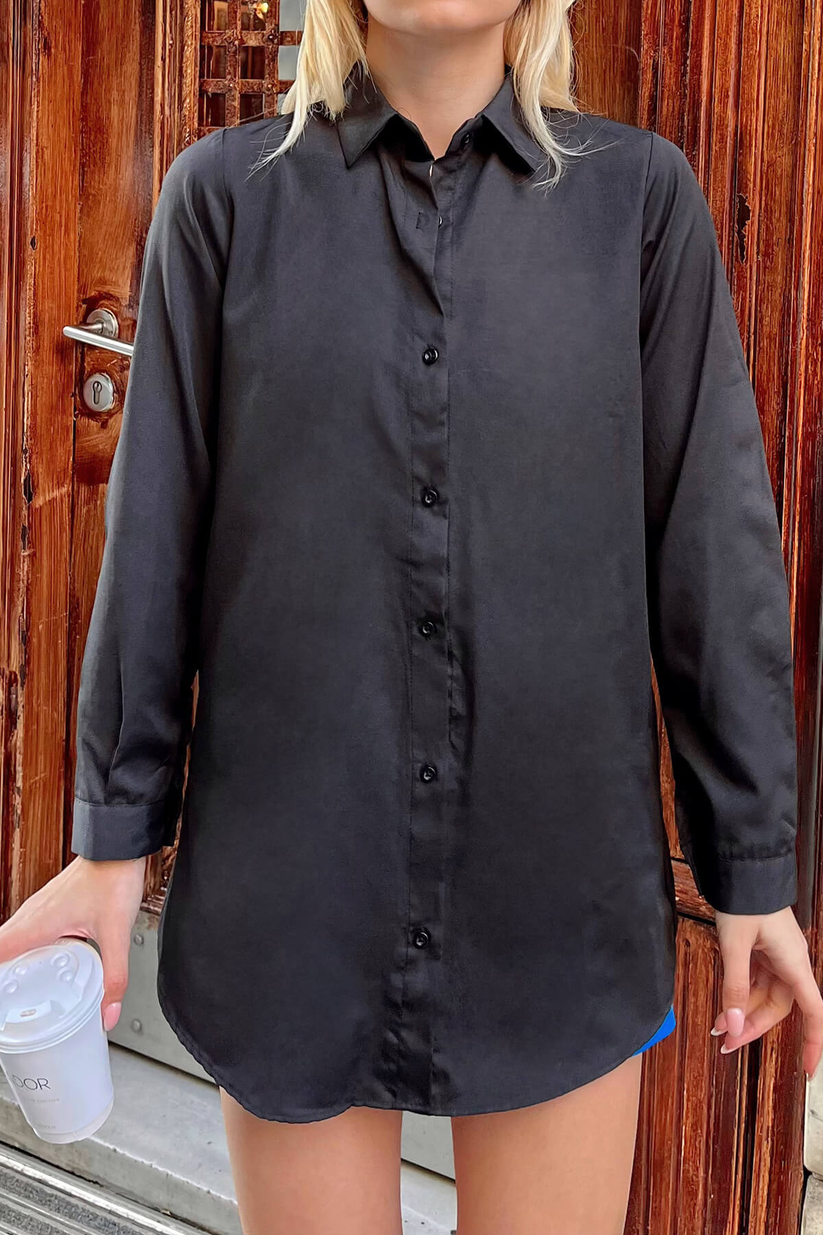 Siyah Oversize Uzun Basic Kadın Gömlek - 4