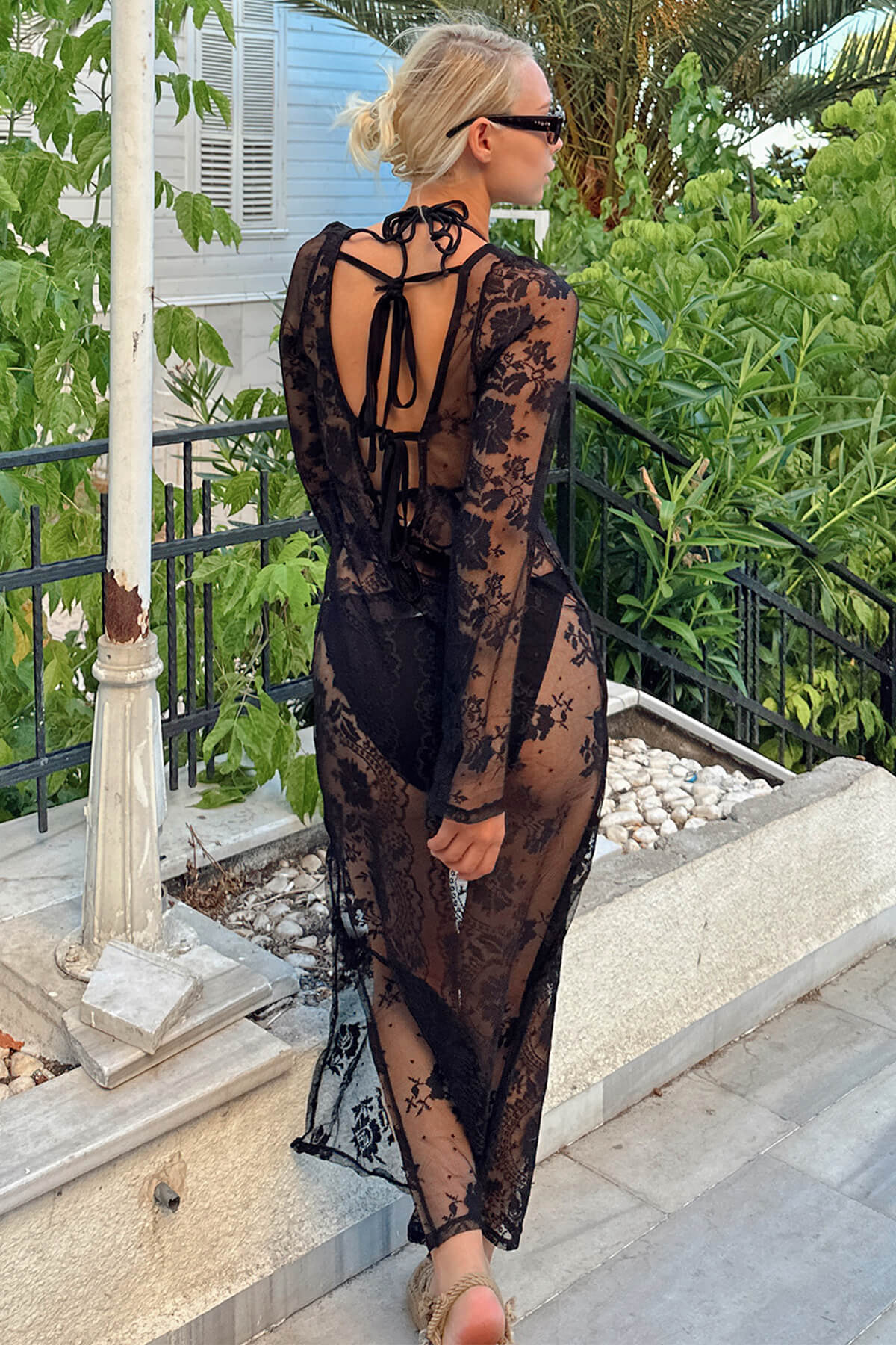 Siyah Pareo Sırt Bağlamalı Desenli Kadın Tül Plaj Elbisesi - 1