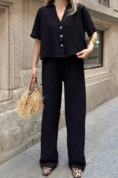 Siyah Polo Yaka Crop Pantolon Kadın Bürümcük Alt Üst Takım - 4