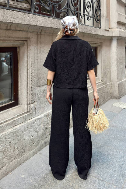Siyah Polo Yaka Crop Pantolon Kadın Bürümcük Alt Üst Takım - 5