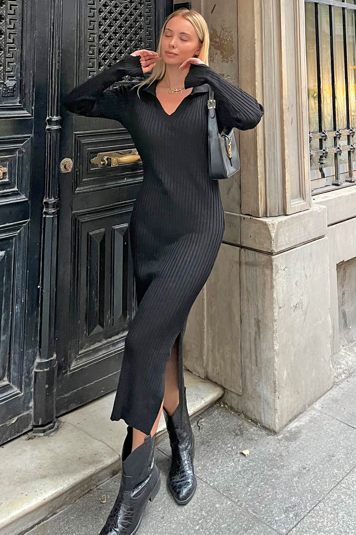 Siyah Polo Yaka Kol Detay Kadın Triko Midi Elbise - 1