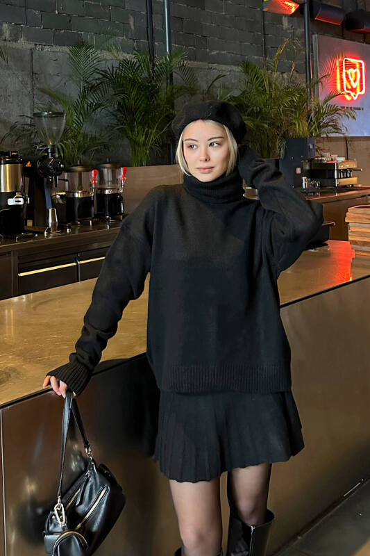 Siyah Raina Balıkçı Yaka Kazak-Pilise Etekli Kadın Triko Alt Üst Takım - SWİST (1)
