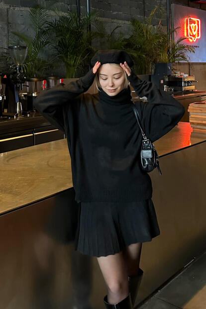 Siyah Raina Balıkçı Yaka Kazak-Pilise Etekli Kadın Triko Alt Üst Takım - 3