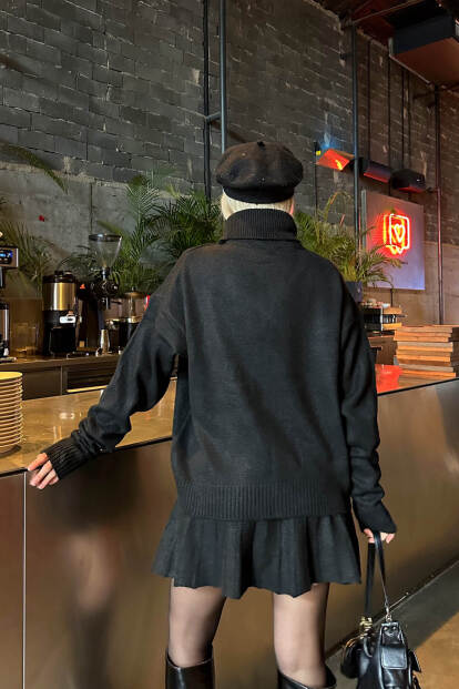 Siyah Raina Balıkçı Yaka Kazak-Pilise Etekli Kadın Triko Alt Üst Takım - 5