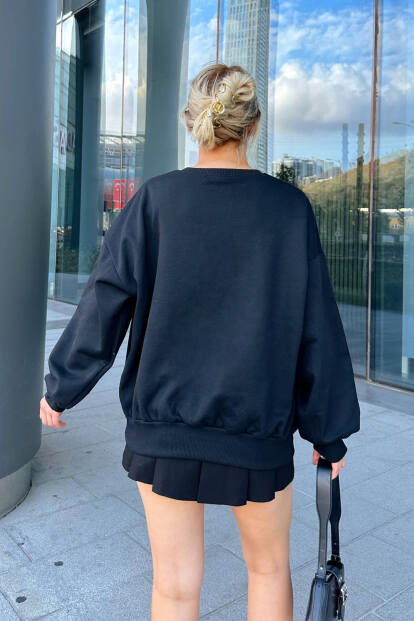 Siyah Ronia CA Baskılı Bisiklet Yaka İçi Pamuklu Kadın Sweatshirt - 5