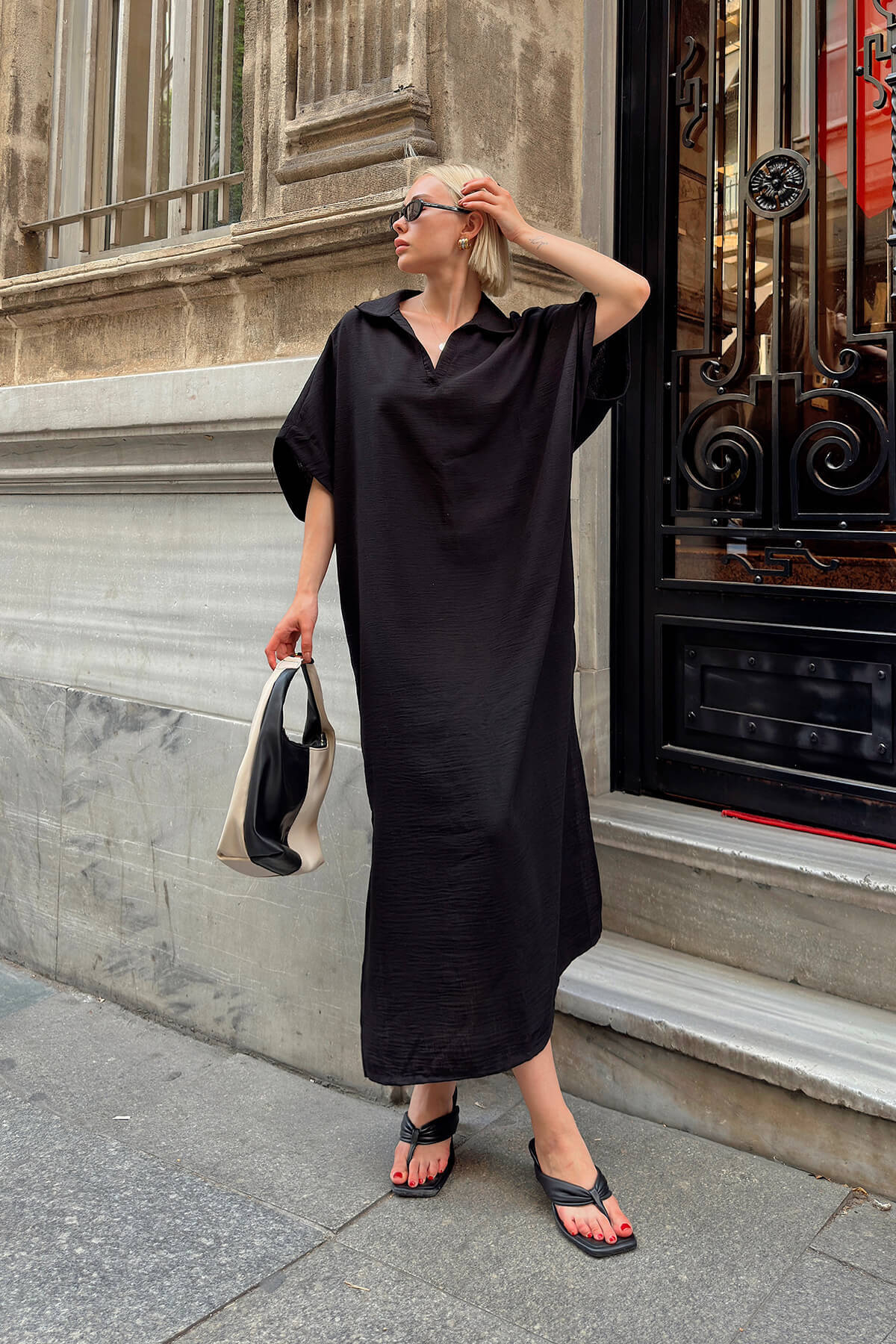 Siyah Rose Polo Yaka Salaş Yırtmaçlı Keten Karışımlı Kadın Midi Elbise - 3