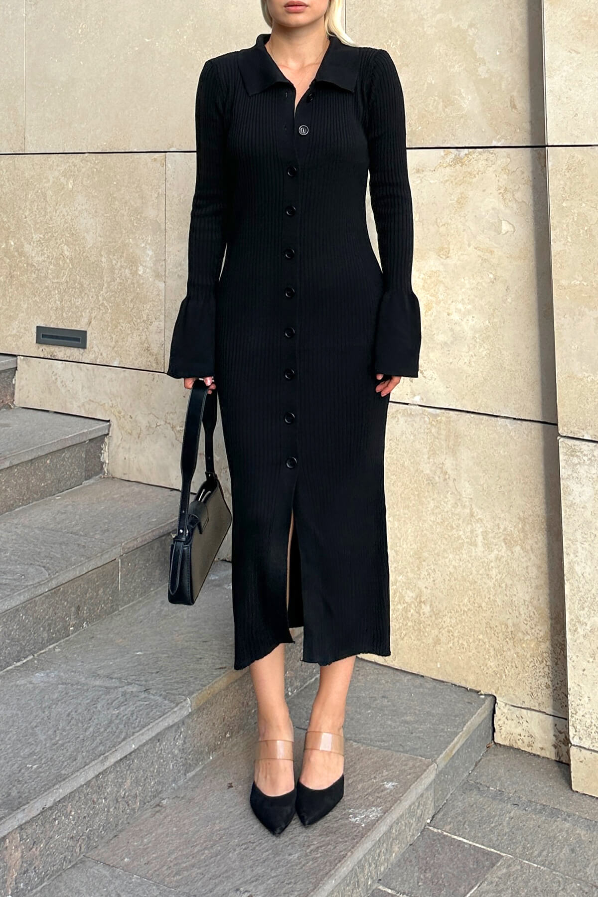 Siyah Sasha Polo Yaka Düğmeli Kol Detay Kadın Midi Triko Elbise - 4