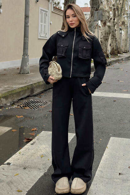 Siyah Scuba Kapüşonlu Fermuarlı Crop Pantolon Cepli Kadın Alt Üst Takım - 1