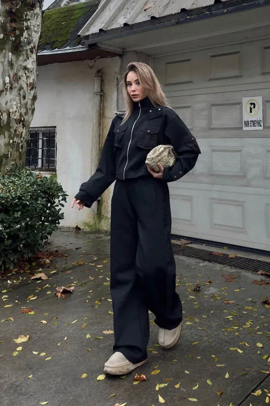 Siyah Scuba Kapüşonlu Fermuarlı Crop Pantolon Cepli Kadın Alt Üst Takım - SWİST (1)