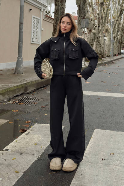 Siyah Scuba Kapüşonlu Fermuarlı Crop Pantolon Cepli Kadın Alt Üst Takım - 3