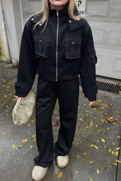 Siyah Scuba Kapüşonlu Fermuarlı Crop Pantolon Cepli Kadın Alt Üst Takım - 4