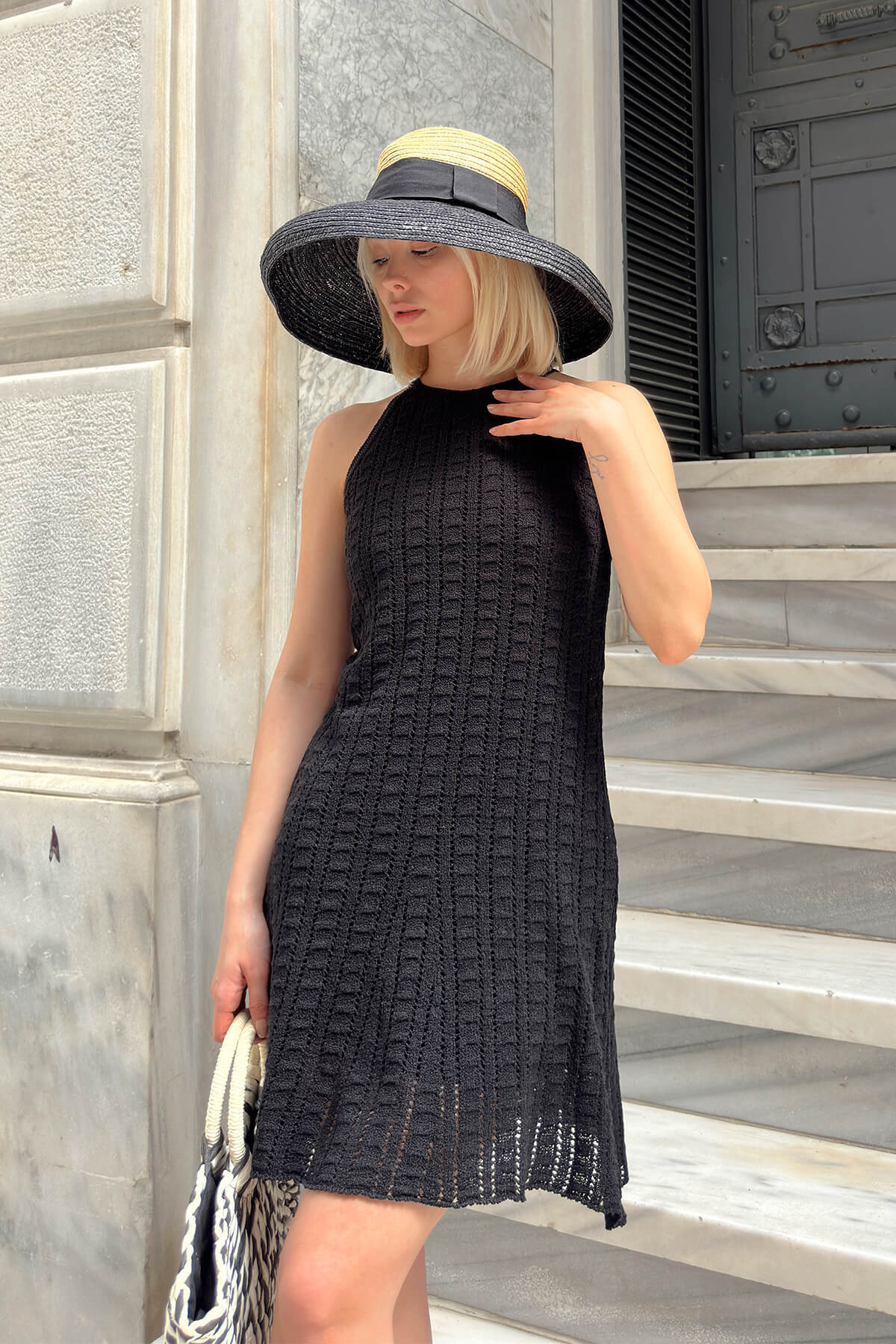 Siyah Sıfır Kol Ajurlu Astarlı Kadın Triko Mini Elbise - 3