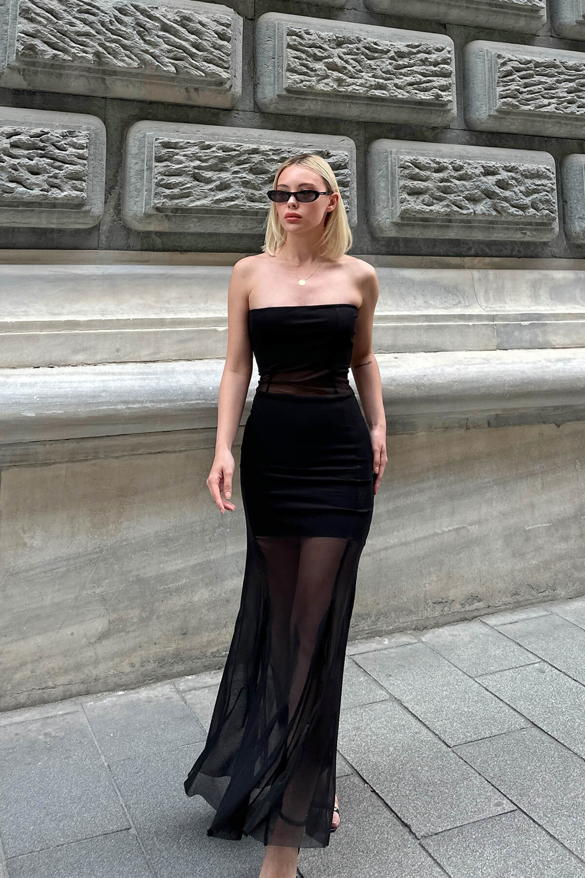 Siyah Straplez Tül Garnili Çima Detaylı Kadın Midi Elbise - 3