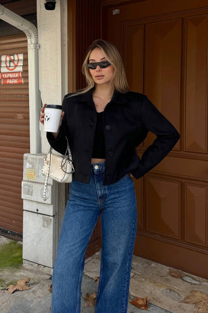 Siyah Süet Polo Yaka Düğme Kapamalı Kadın Crop Mont - 3