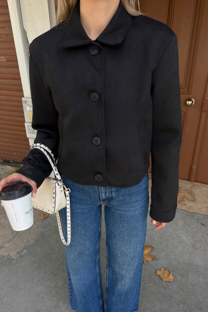 Siyah Süet Polo Yaka Düğme Kapamalı Kadın Crop Mont - 4