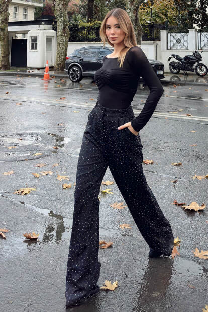 Siyah Taş Detay Yüksek Bel Cepli Kadın Palazzo Pantolon - 1