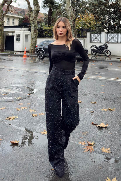 Siyah Taş Detay Yüksek Bel Cepli Kadın Palazzo Pantolon - 3