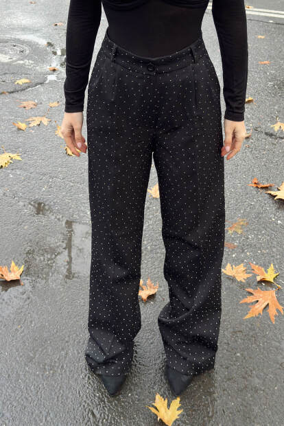 Siyah Taş Detay Yüksek Bel Cepli Kadın Palazzo Pantolon - 4