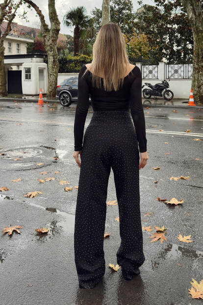 Siyah Taş Detay Yüksek Bel Cepli Kadın Palazzo Pantolon - 5