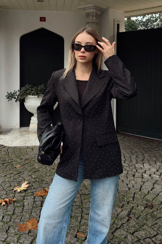 Siyah Taş Detaylı Kruvaze Yaka Tek Düğmeli Kadın Blazer Ceket - SWİST (1)