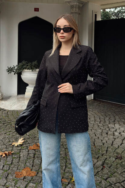 Siyah Taş Detaylı Kruvaze Yaka Tek Düğmeli Kadın Blazer Ceket - 3
