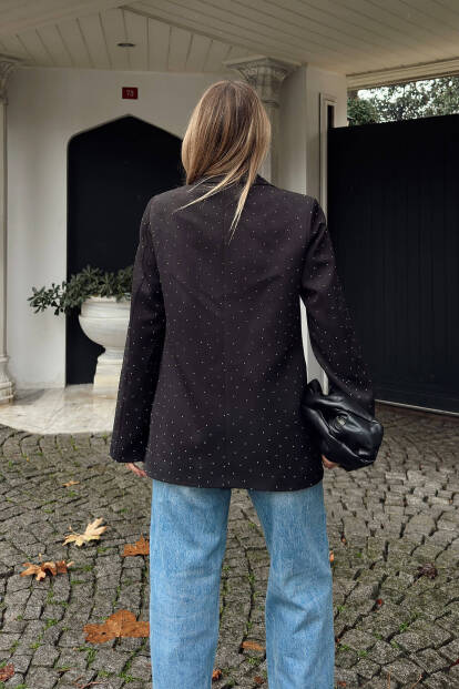 Siyah Taş Detaylı Kruvaze Yaka Tek Düğmeli Kadın Blazer Ceket - 5