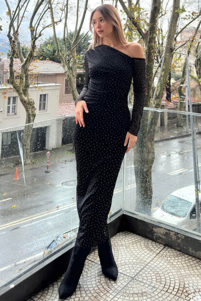 Siyah Tek Omuz Drapeli Taş Detay Kadın Midi Tül Elbise - 1