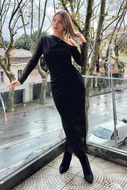 Siyah Tek Omuz Drapeli Taş Detay Kadın Midi Tül Elbise - 3