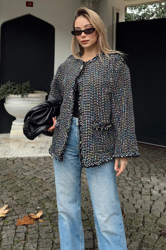 Siyah Tüvit Tek Düğmeli Çift Cepli Kadın Ceket - SWİST (1)