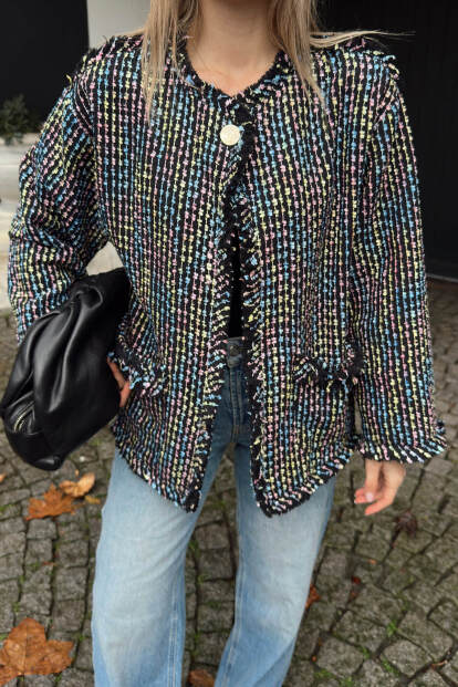 Siyah Tüvit Tek Düğmeli Çift Cepli Kadın Ceket - 4