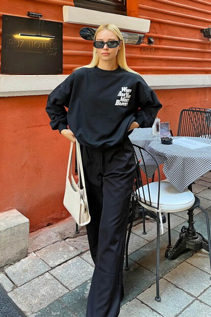 Siyah When Are You Ön Arka Baskılı İçi Pamuklu Kadın Sweatshirt - 2