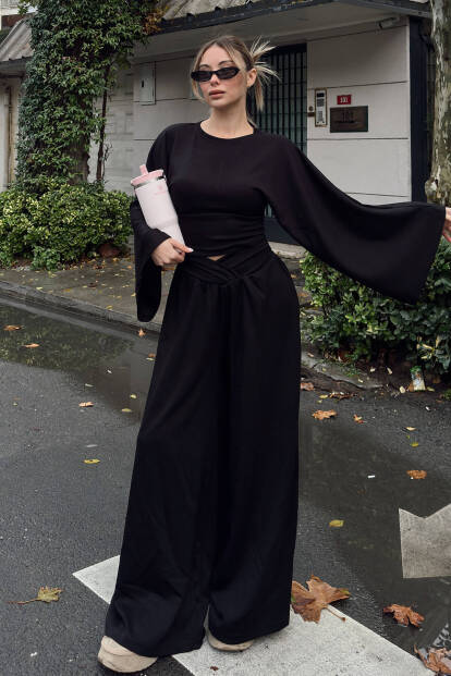 Siyah Yarasa Kol Crop Bel Detay Bol Paça Pantolon Kadın Alt Üst Takım - 2