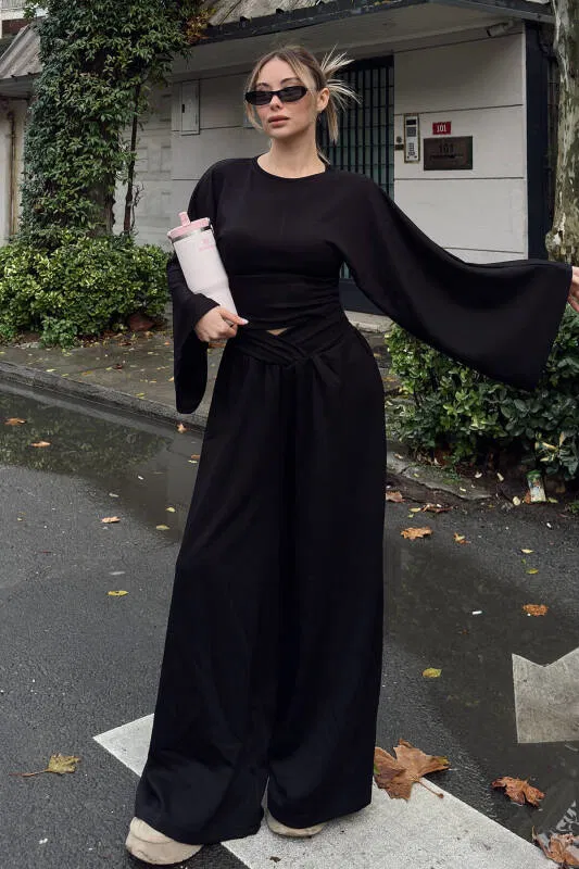 Siyah Yarasa Kol Crop Bel Detay Bol Paça Pantolon Kadın Alt Üst Takım - SWİST (1)