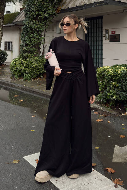 Siyah Yarasa Kol Crop Bel Detay Bol Paça Pantolon Kadın Alt Üst Takım - 3